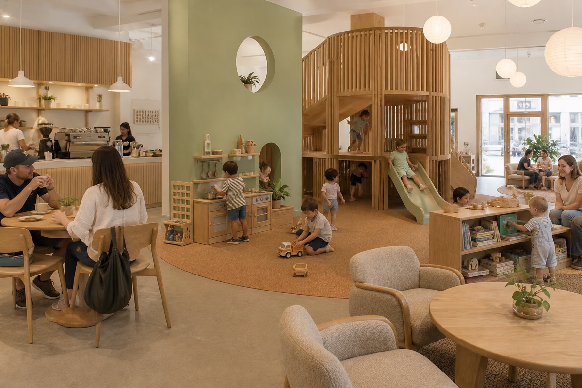 Wooden climbing tower with slide alongside a coffee bar and pretend-play kitchen, parents seated at tables