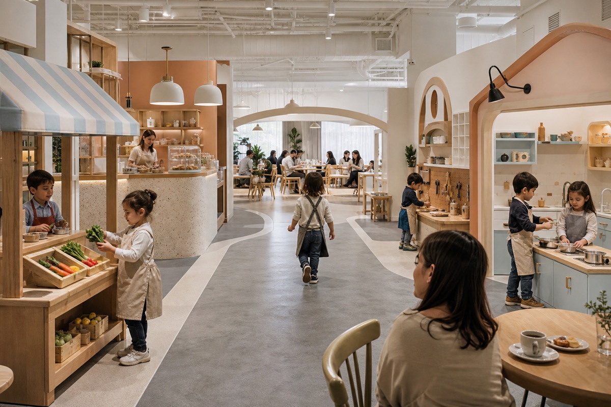 Role-play market stalls, espresso counter, and children in aprons at a pretend cooking station