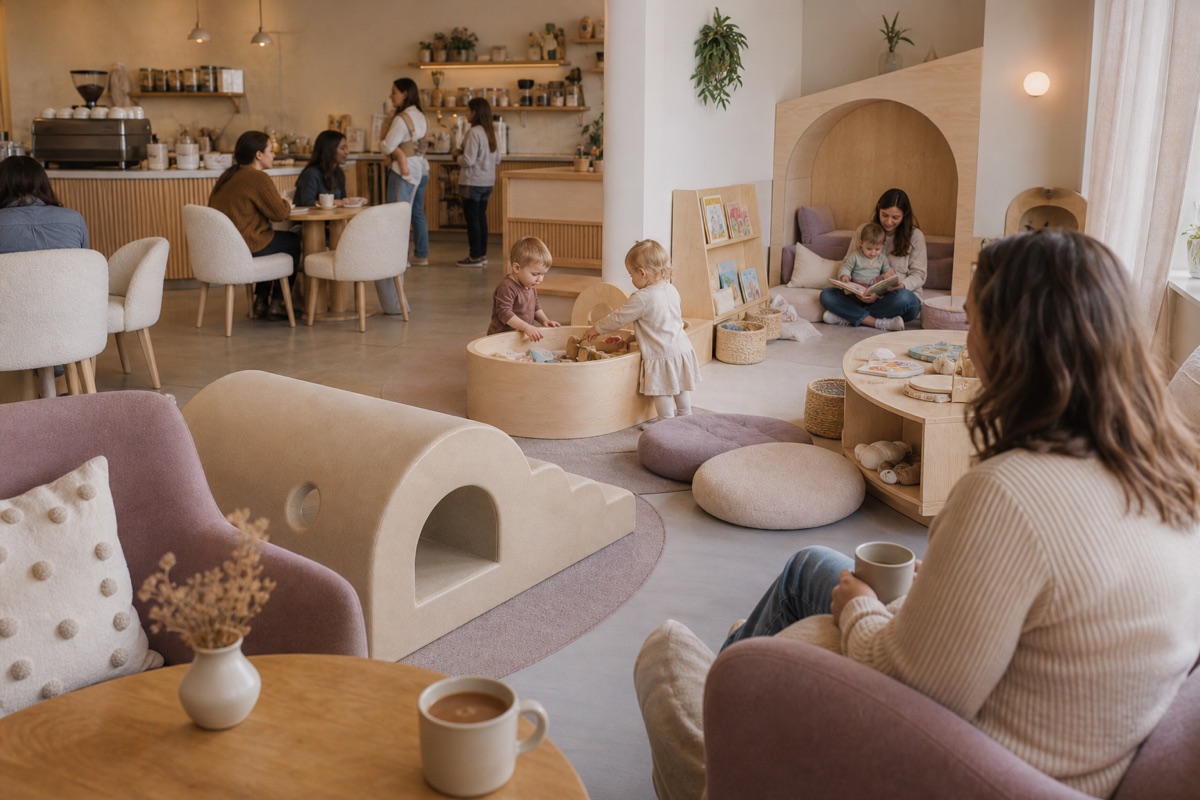 Soft lounge seating for parents, reading nooks, toddlers with wooden blocks on a play mat